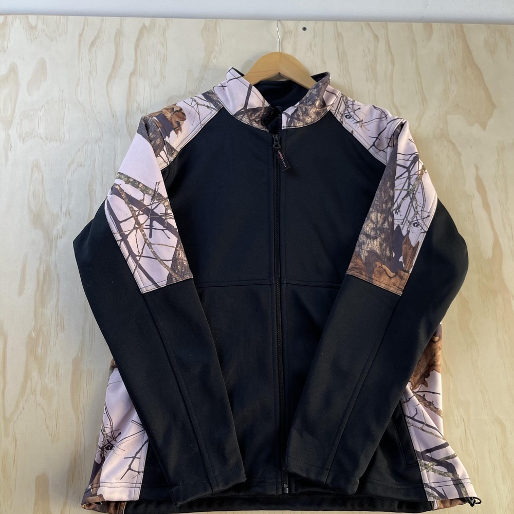 Yukon Gear Jacket Womens Large Black Camo Hooded Softshell Full Zip Hunting